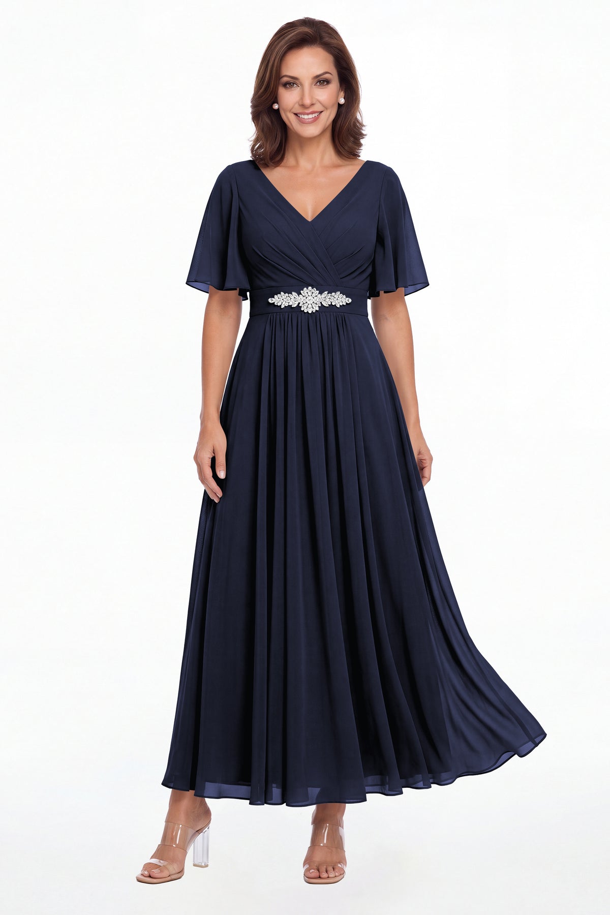 Navy Blue V-Neck Flutter Sleeve Chiffon A-Line Maxi Gown - Front View