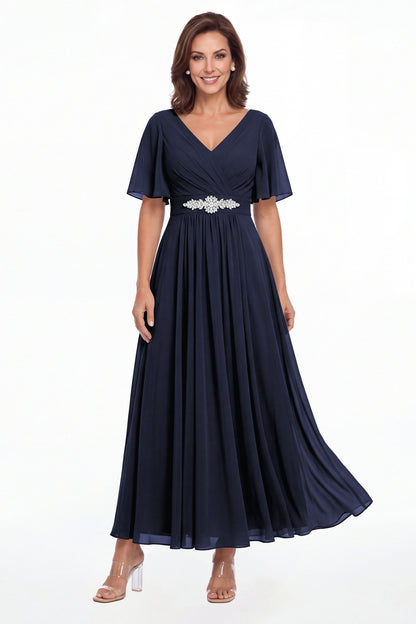 Navy Blue V-Neck Flutter Sleeve Chiffon A-Line Maxi Gown - Front View