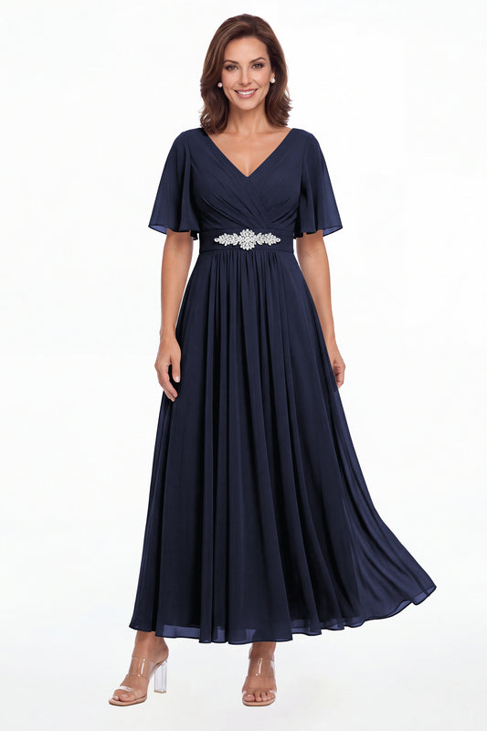Navy Blue V-Neck Flutter Sleeve Chiffon A-Line Maxi Gown - Front View