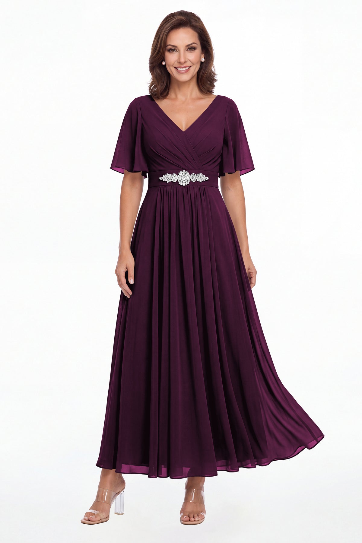 Plum V-Neck Flutter Sleeve Chiffon A-Line Maxi Gown - Front View