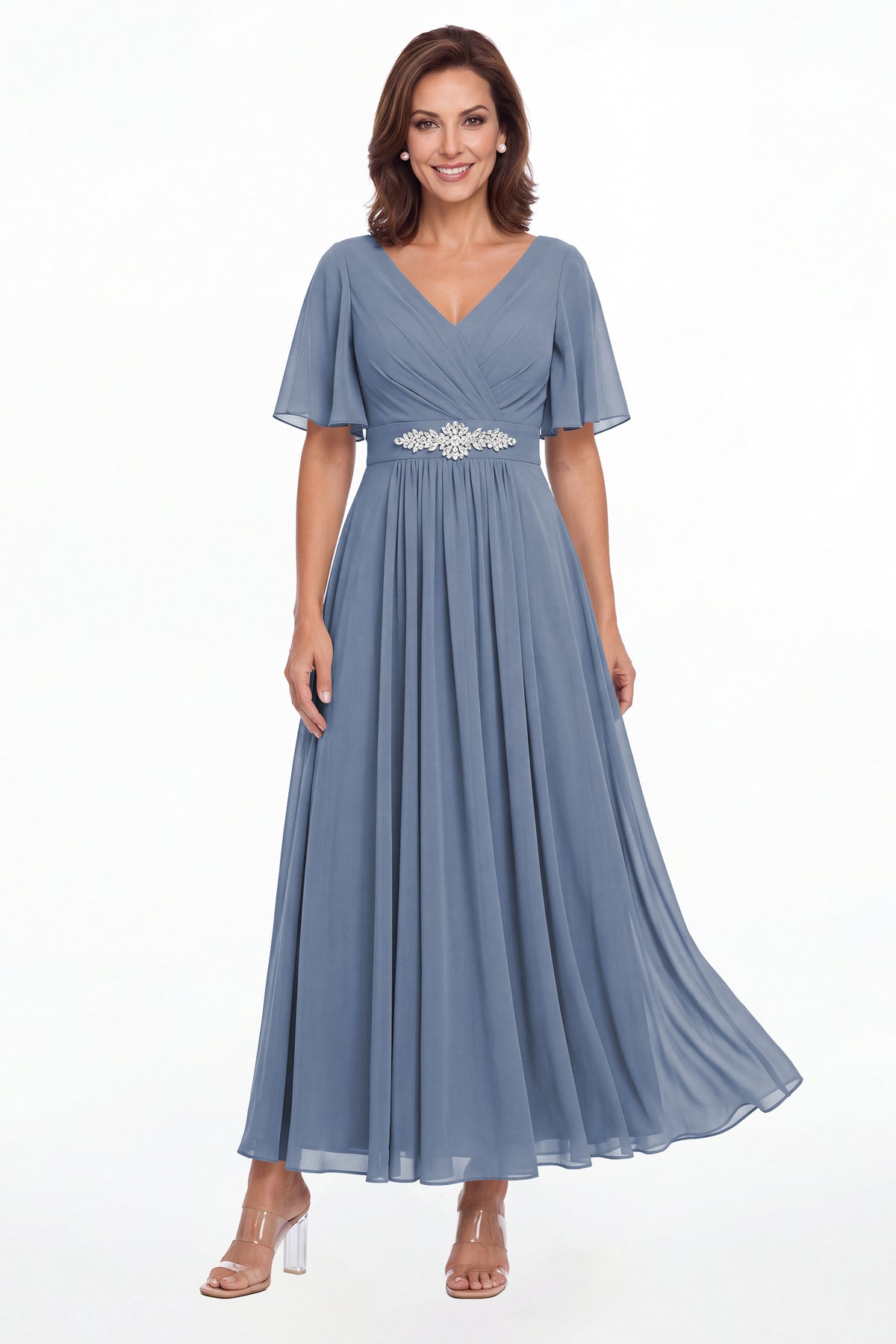 Steel Blue V-Neck Flutter Sleeve Chiffon A-Line Maxi Gown - Front View