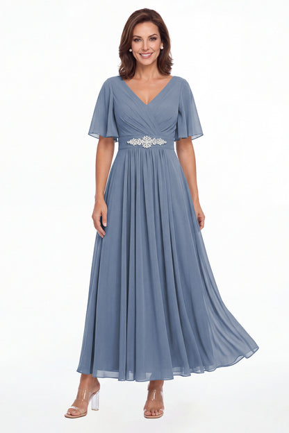Steel Blue V-Neck Flutter Sleeve Chiffon A-Line Maxi Gown - Front View