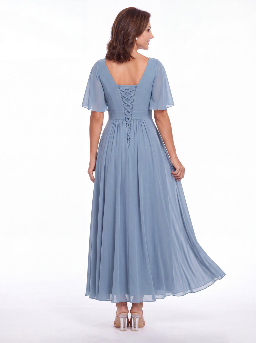 Black V-Neck Flutter Sleeve Chiffon A-Line Maxi Gown - Front View
