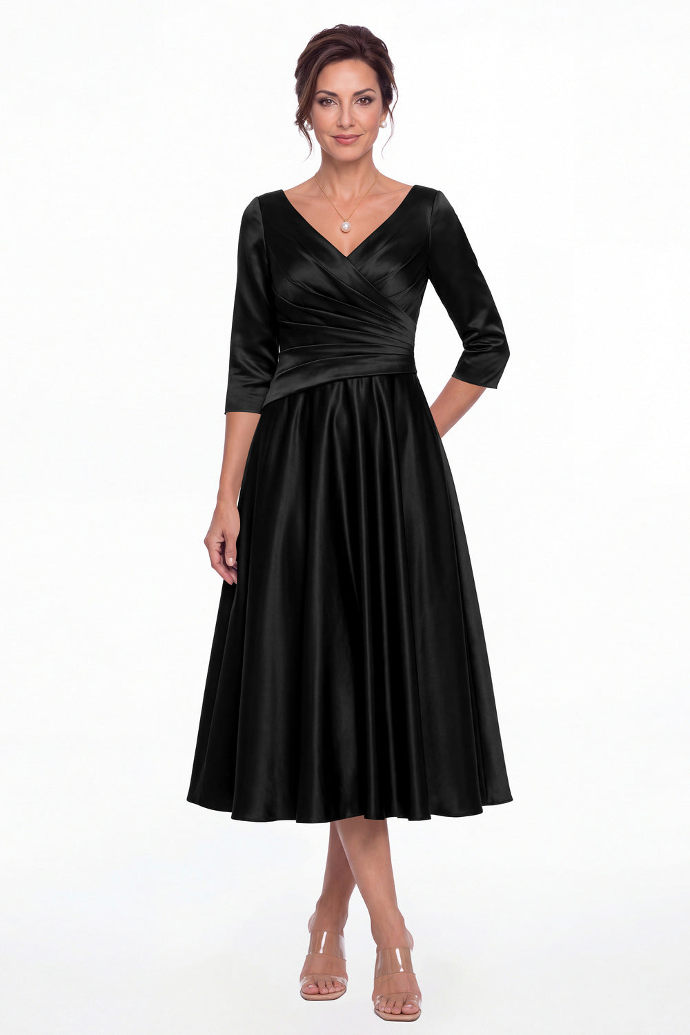 Black V Neck Ruched Satin A-Line Midi Dress - Front View