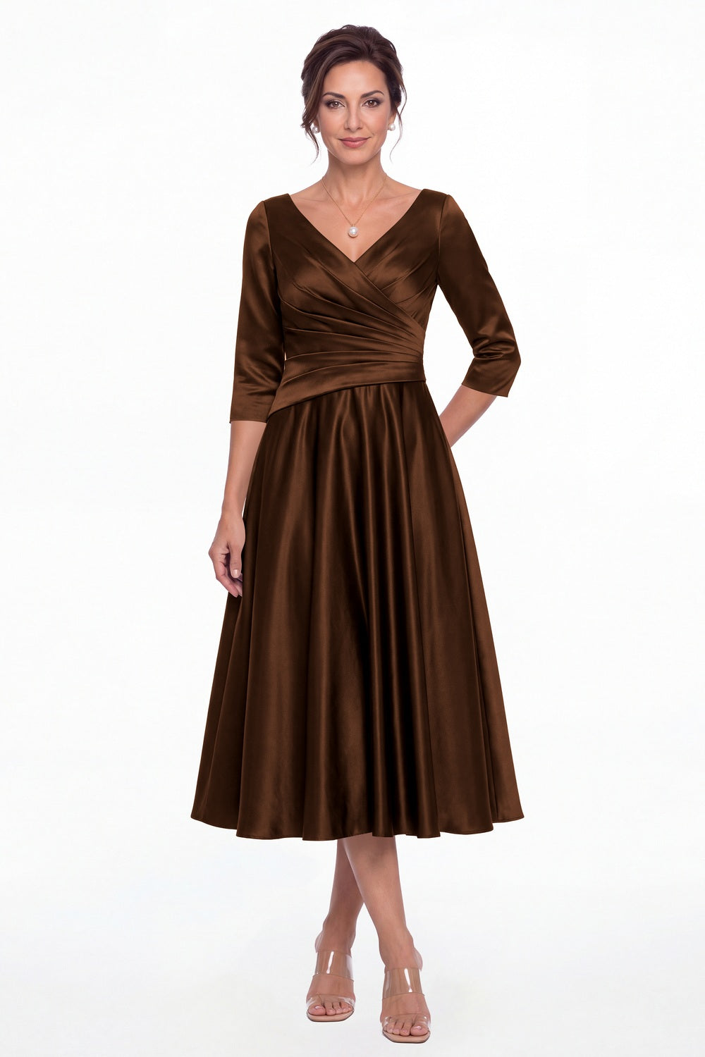 Brown V Neck Ruched Satin A-Line Midi Dress - Front View