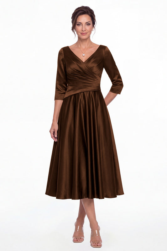 Brown V Neck Ruched Satin A-Line Midi Dress - Front View