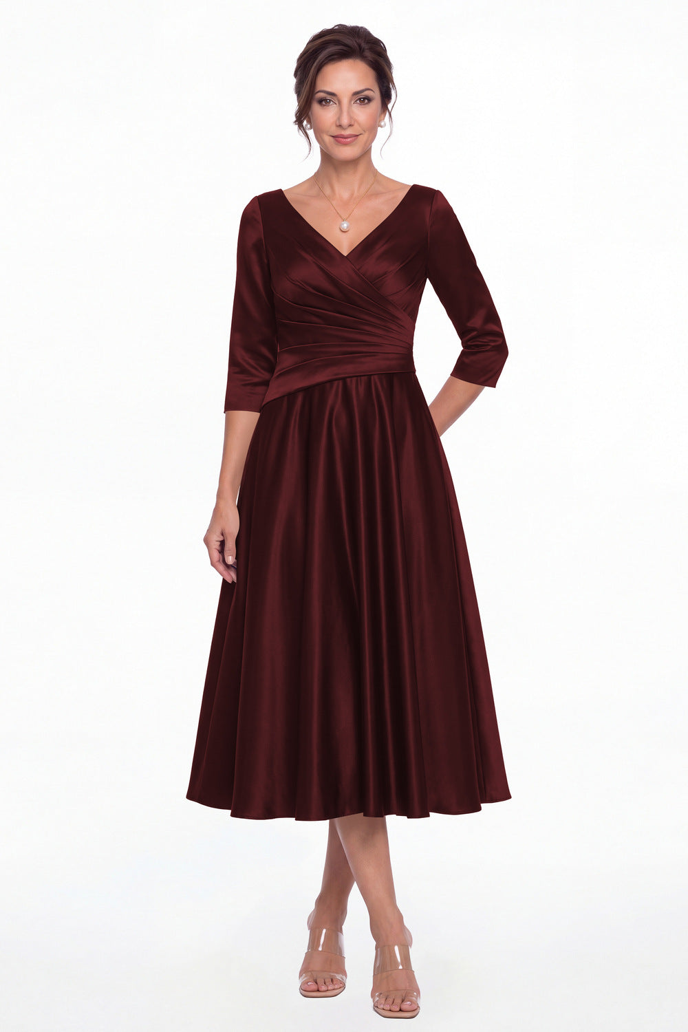 Burgundy V Neck Ruched Satin A-Line Midi Dress - Front View