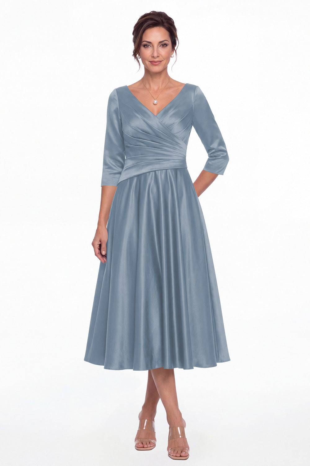 Dusty Blue V Neck Ruched Satin A-Line Midi Dress - Front View