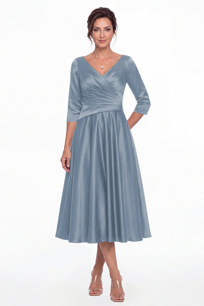 Dusty Blue V Neck Ruched Satin A-Line Midi Dress - Front View