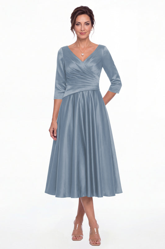 Dusty Blue V Neck Ruched Satin A-Line Midi Dress - Front View