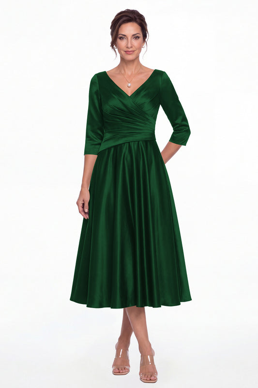 Emerald Green V Neck Ruched Satin A-Line Midi Dress - Front View