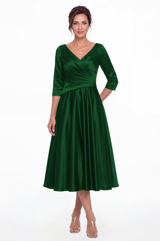 Emerald Green V Neck Ruched Satin A-Line Midi Dress - Front View