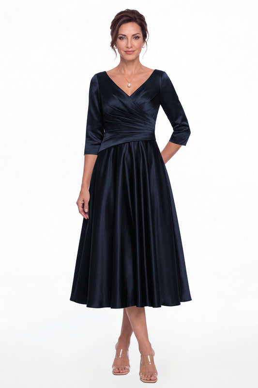 Navy Blue V Neck Ruched Satin A-Line Midi Dress - Front View