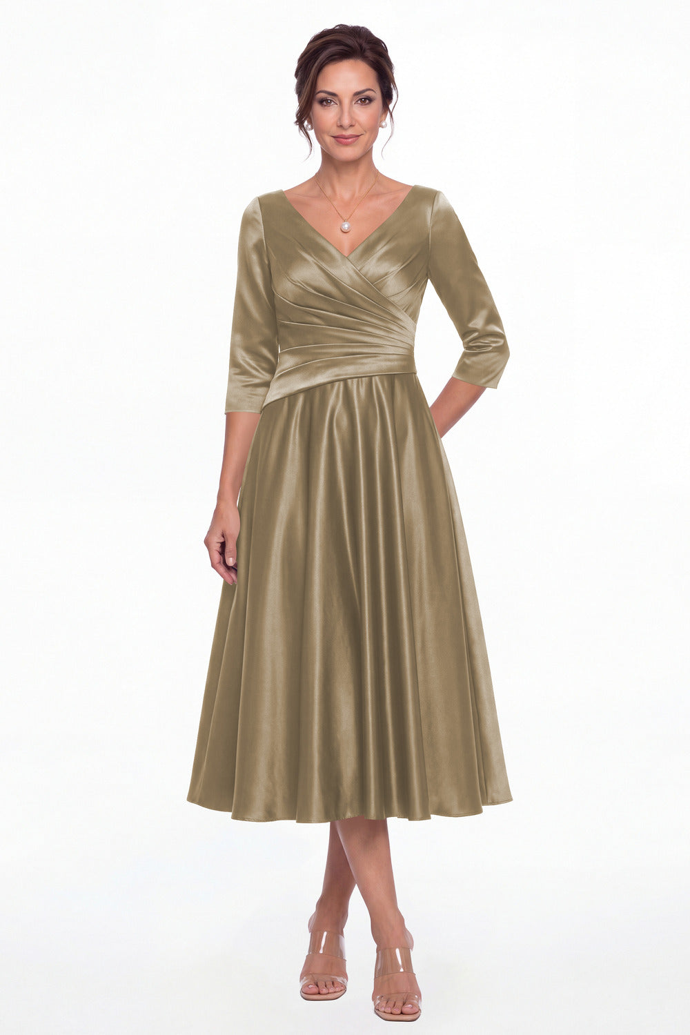 Taupe V Neck Ruched Satin A-Line Midi Dress - Front View