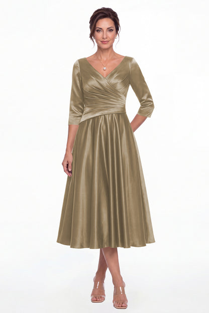 Taupe V Neck Ruched Satin A-Line Midi Dress - Front View