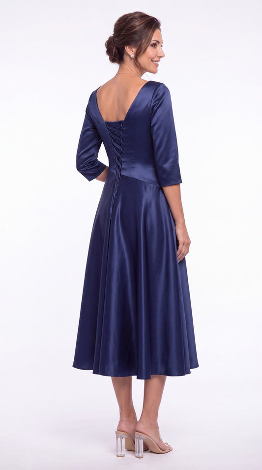 V Neck Ruched Satin A-Line Midi Dress - Back View