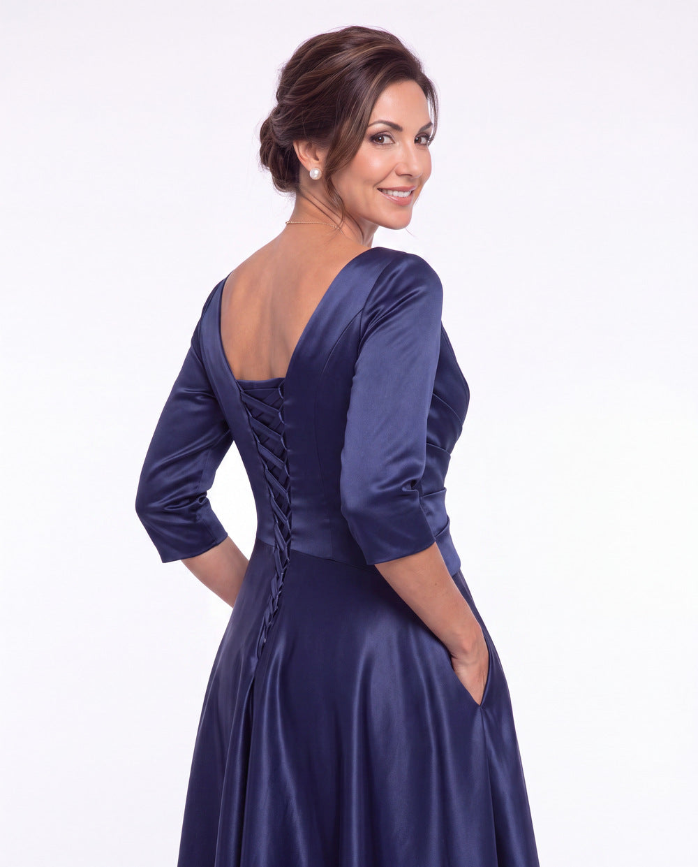 V Neck Ruched Satin A-Line Midi Dress - Detail View 1