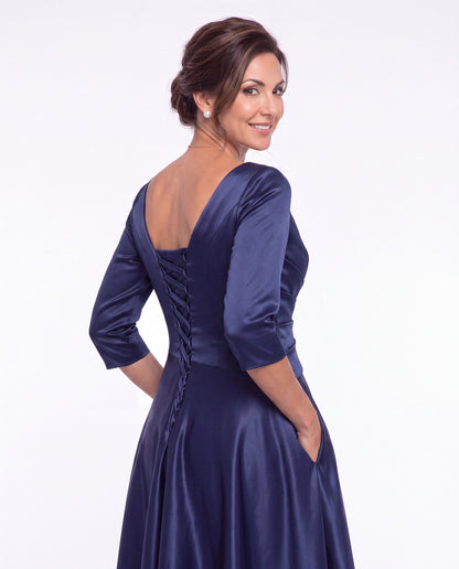 V Neck Ruched Satin A-Line Midi Dress - Detail View 1