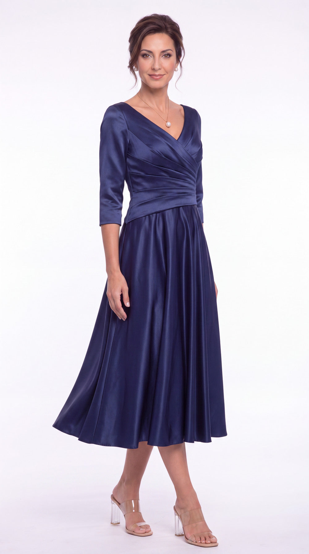 V Neck Ruched Satin A-Line Midi Dress - Detail View 3