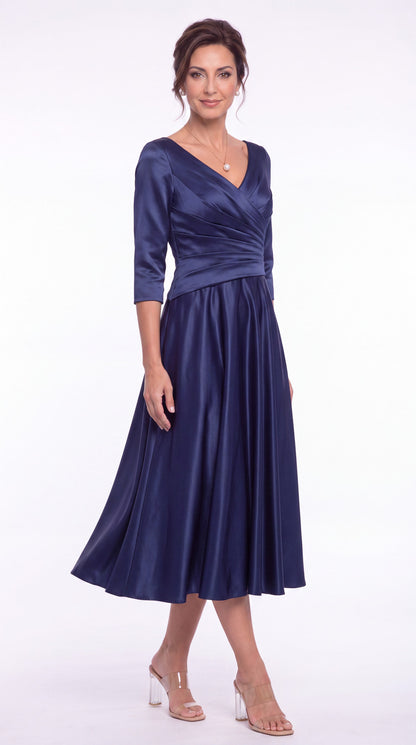 V Neck Ruched Satin A-Line Midi Dress - Detail View 3