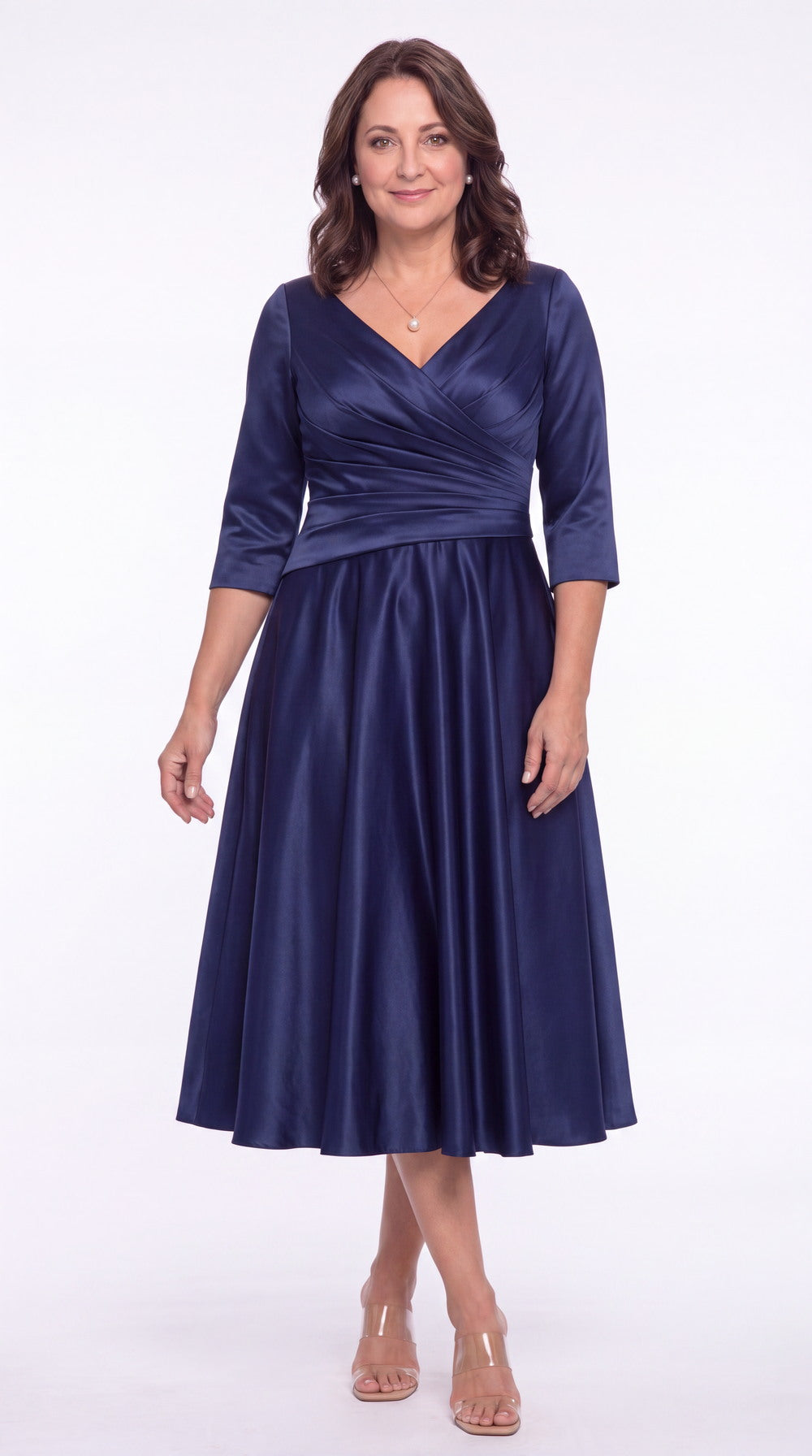 V Neck Ruched Satin A-Line Midi Dress - Detail View 4