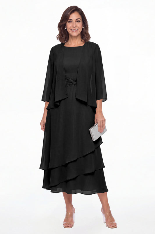 Black Two-Piece Ruched Layered Chiffon Midi Dress - Front View
