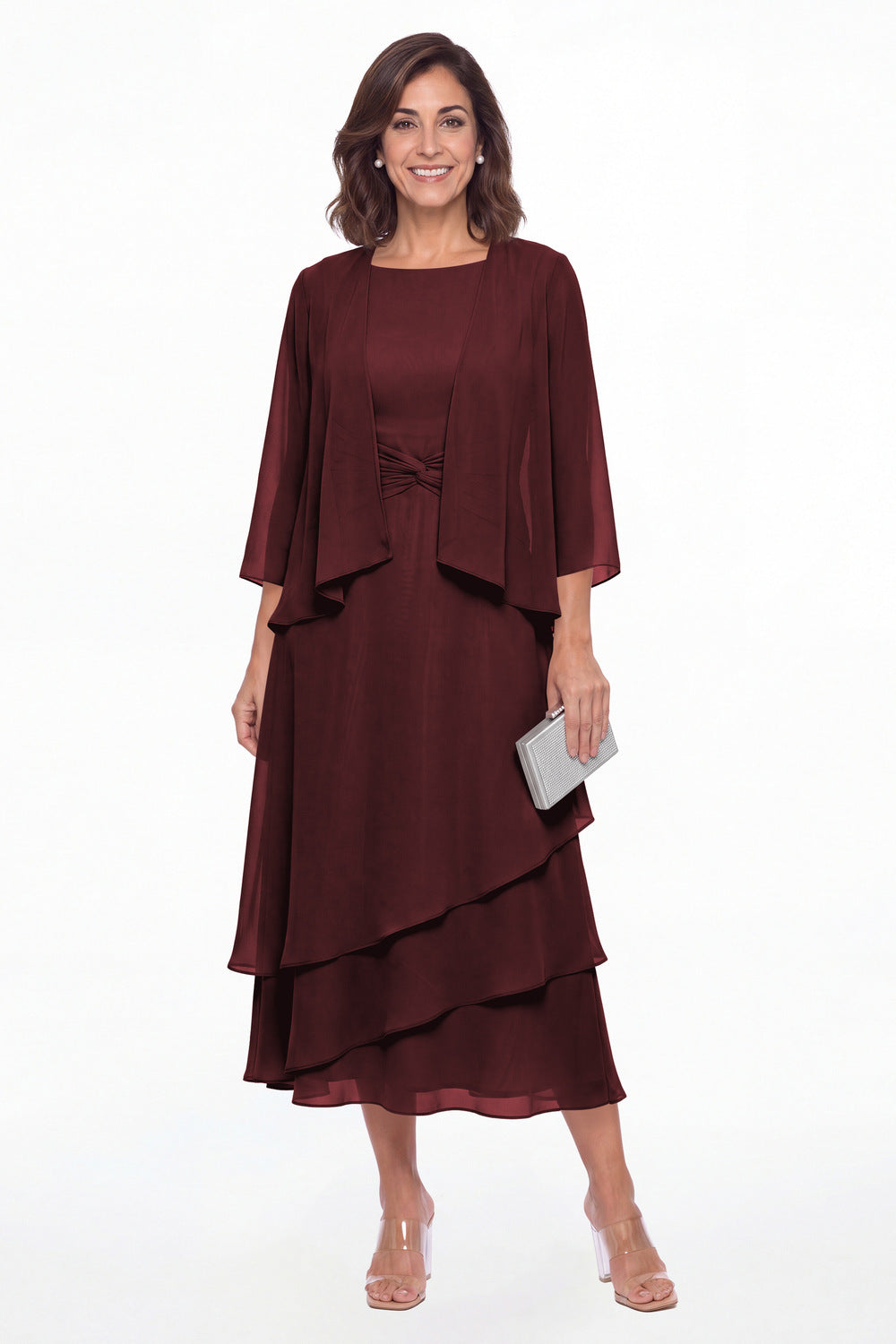 Burgundy Two-Piece Ruched Layered Chiffon Midi Dress - Front View