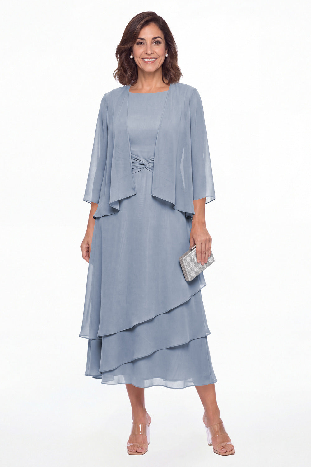 Dusty Blue Two-Piece Ruched Layered Chiffon Midi Dress - Front View