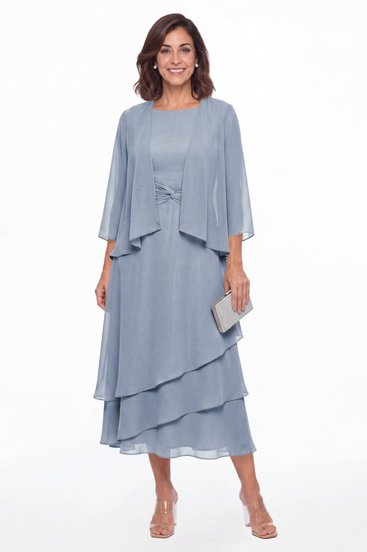 Dusty Blue Two-Piece Ruched Layered Chiffon Midi Dress - Front View