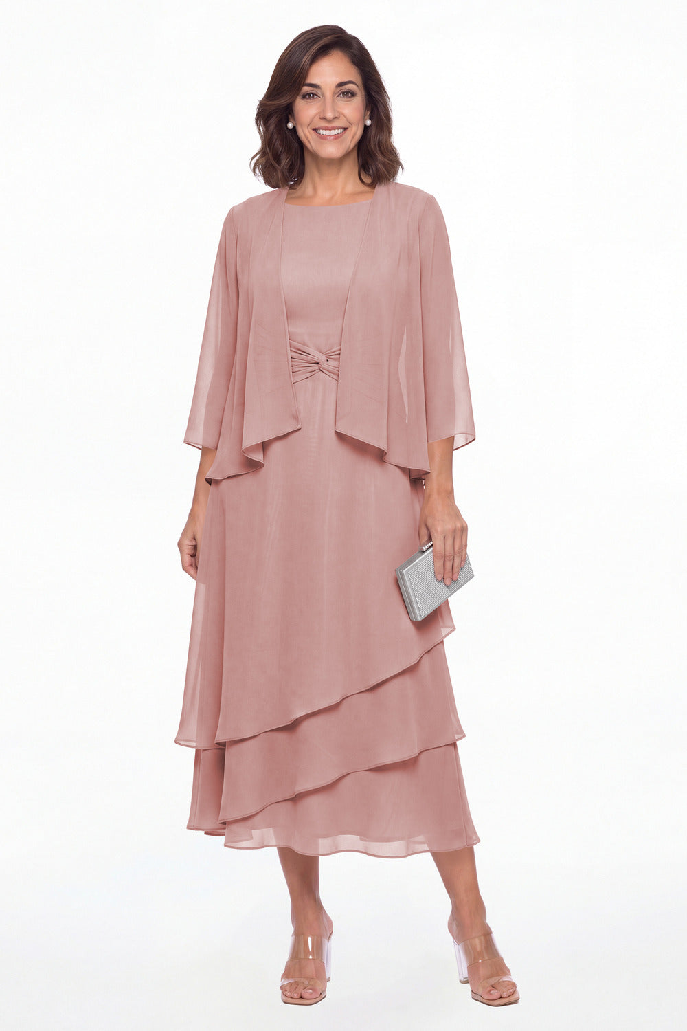 Dusty Rose Two-Piece Ruched Layered Chiffon Midi Dress - Front View