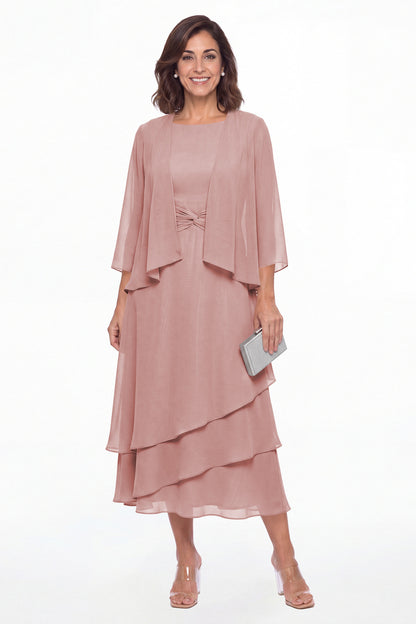 Dusty Rose Two-Piece Ruched Layered Chiffon Midi Dress - Front View