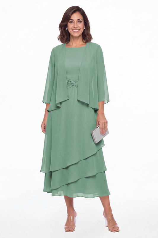 Eucalyptus Two-Piece Ruched Layered Chiffon Midi Dress - Front View