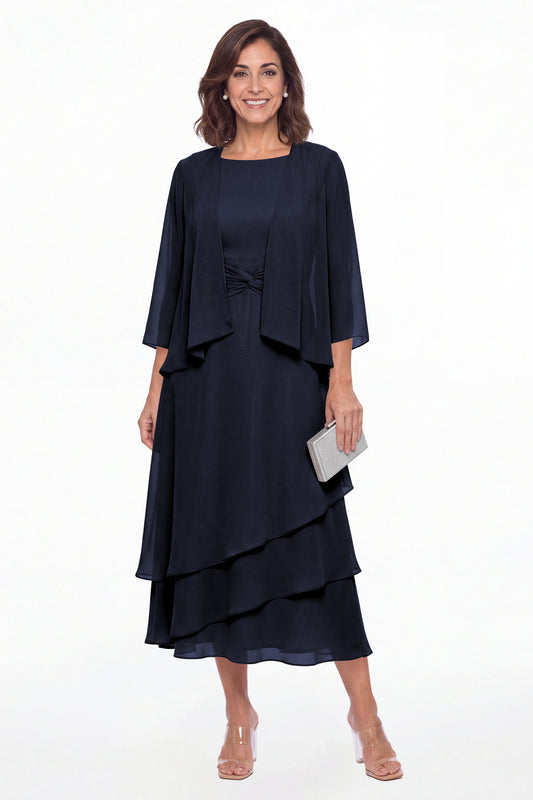 Navy Blue Two-Piece Ruched Layered Chiffon Midi Dress - Front View