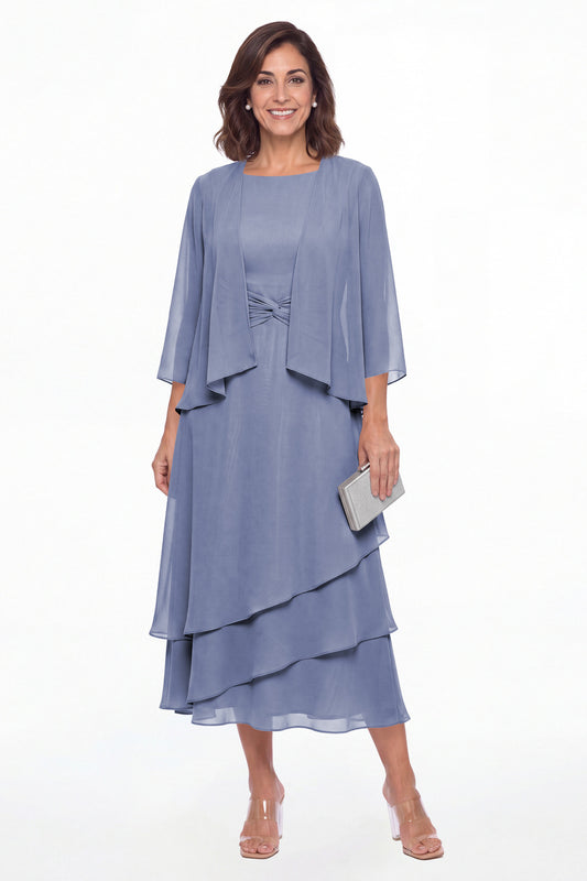 Steel Blue Two-Piece Ruched Layered Chiffon Midi Dress - Front View