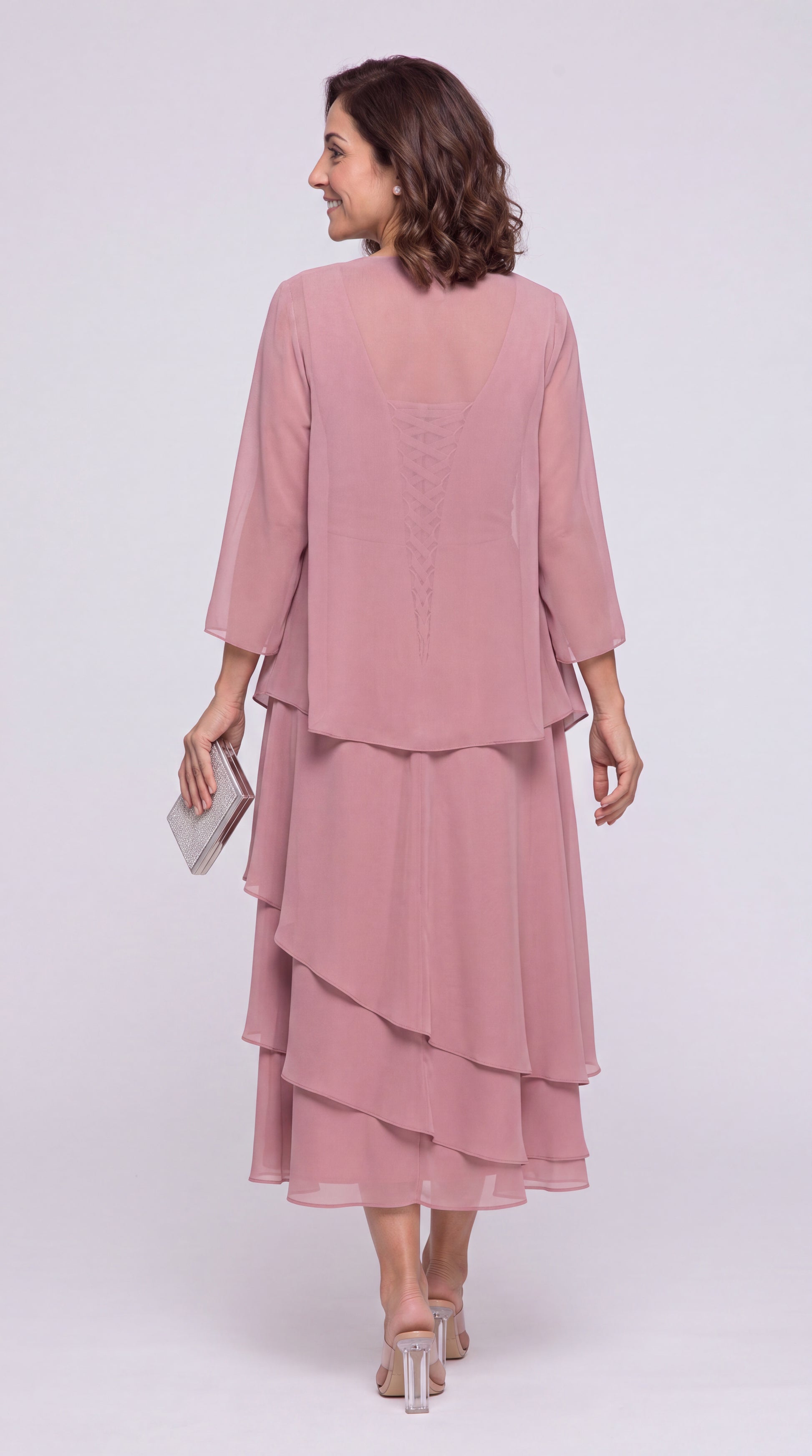 Two-Piece Ruched Layered Chiffon Midi Dress - Back View
