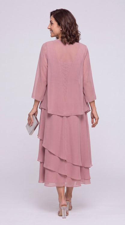 Two-Piece Ruched Layered Chiffon Midi Dress - Back View
