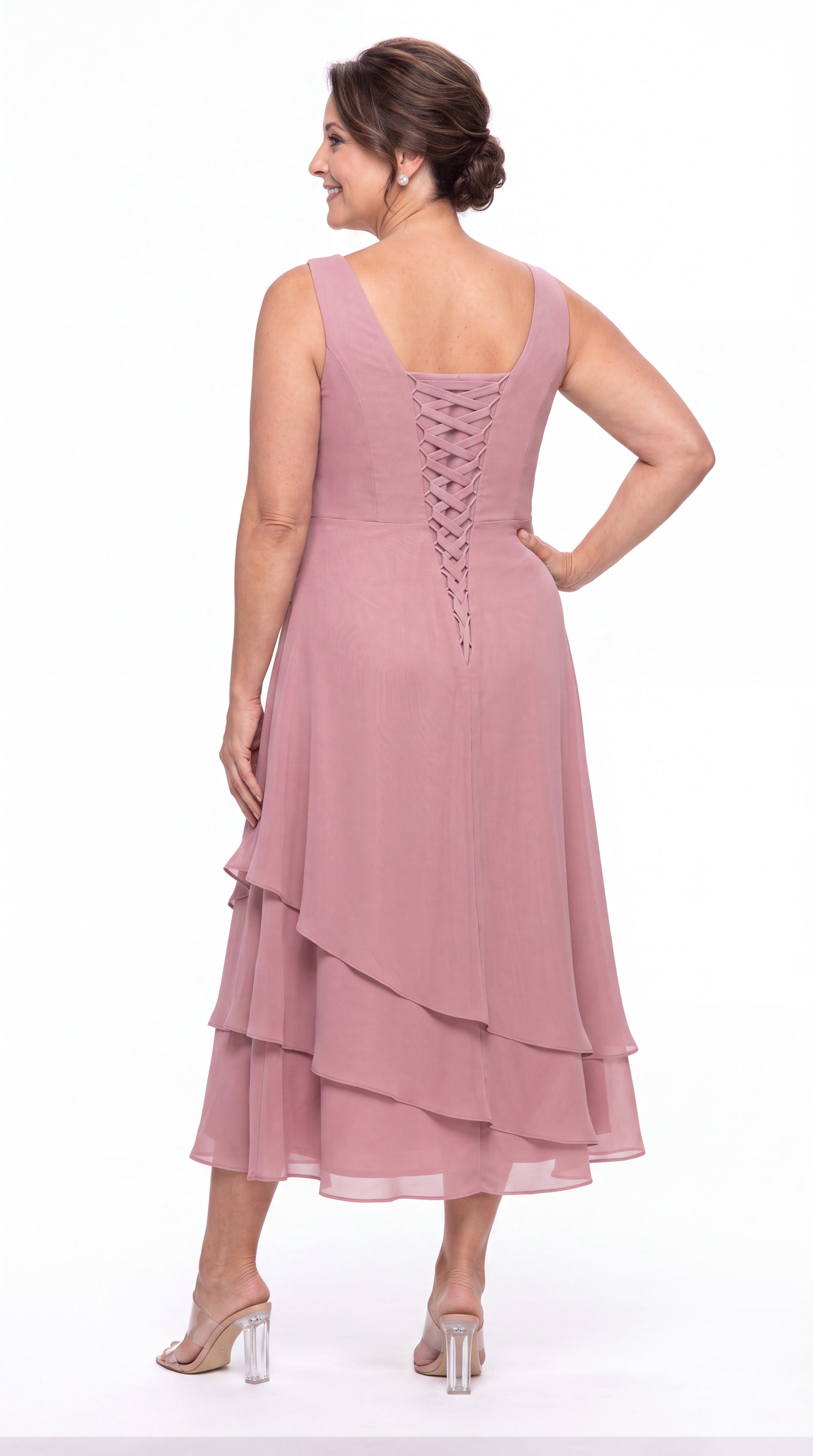 Two-Piece Ruched Layered Chiffon Midi Dress - Detail View 3
