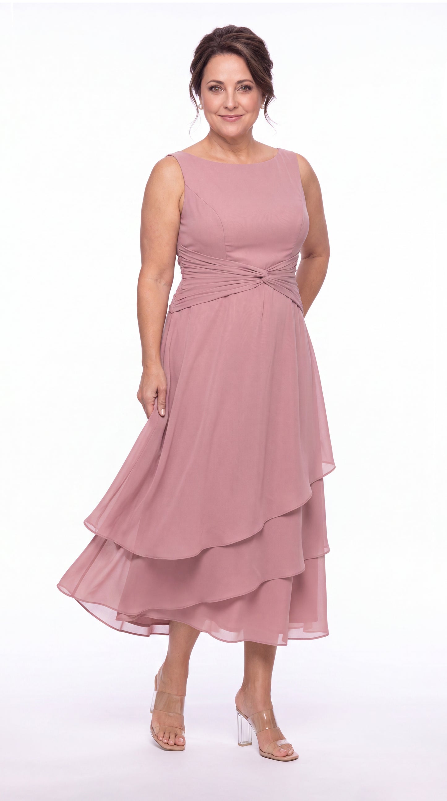 Two-Piece Ruched Layered Chiffon Midi Dress - Detail View 4