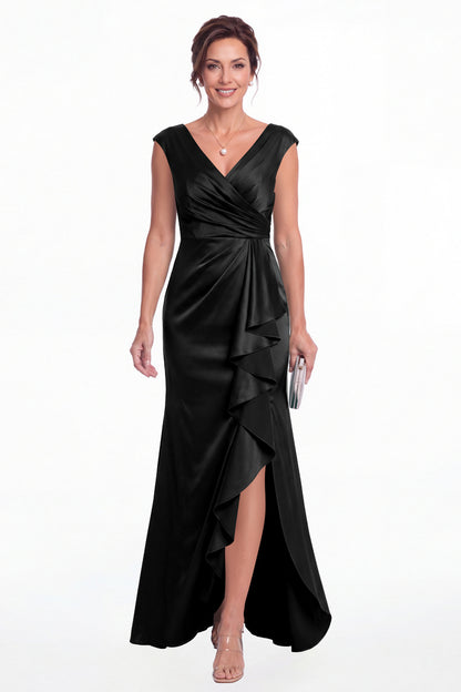 Black V Neck Ruched Satin Ruffle Slit Maxi Gown - Front View