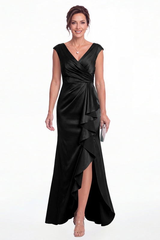 Black V Neck Ruched Satin Ruffle Slit Maxi Gown - Front View