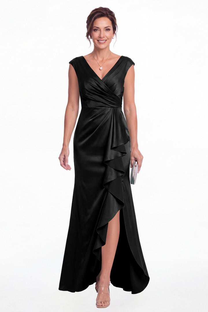 Black V Neck Ruched Satin Ruffle Slit Maxi Gown - Front View