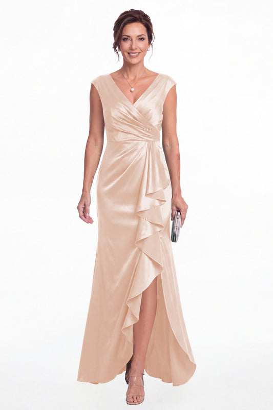 Blush Pink V Neck Ruched Satin Ruffle Slit Maxi Gown - Front View