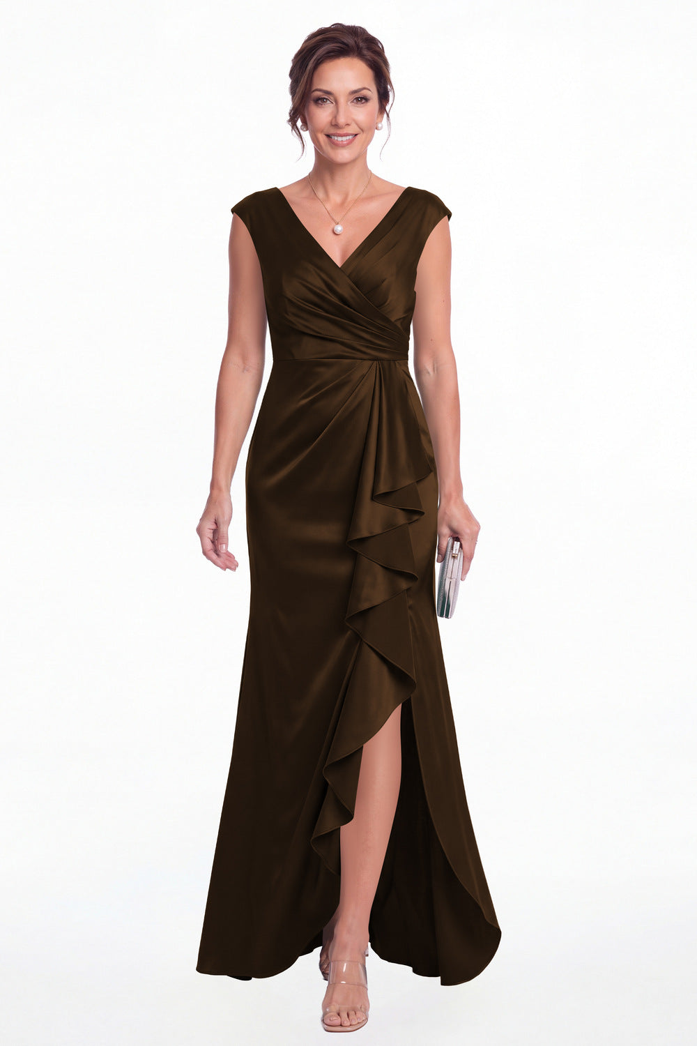 Brown V Neck Ruched Satin Ruffle Slit Maxi Gown - Front View