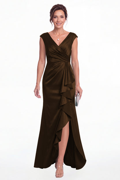 Brown V Neck Ruched Satin Ruffle Slit Maxi Gown - Front View