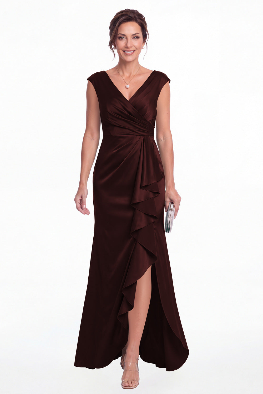 Burgundy V Neck Ruched Satin Ruffle Slit Maxi Gown - Front View