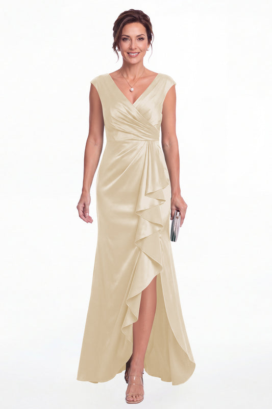 Champagne V Neck Ruched Satin Ruffle Slit Maxi Gown - Front View