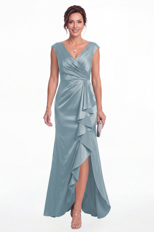 Dusty Blue V Neck Ruched Satin Ruffle Slit Maxi Gown - Front View
