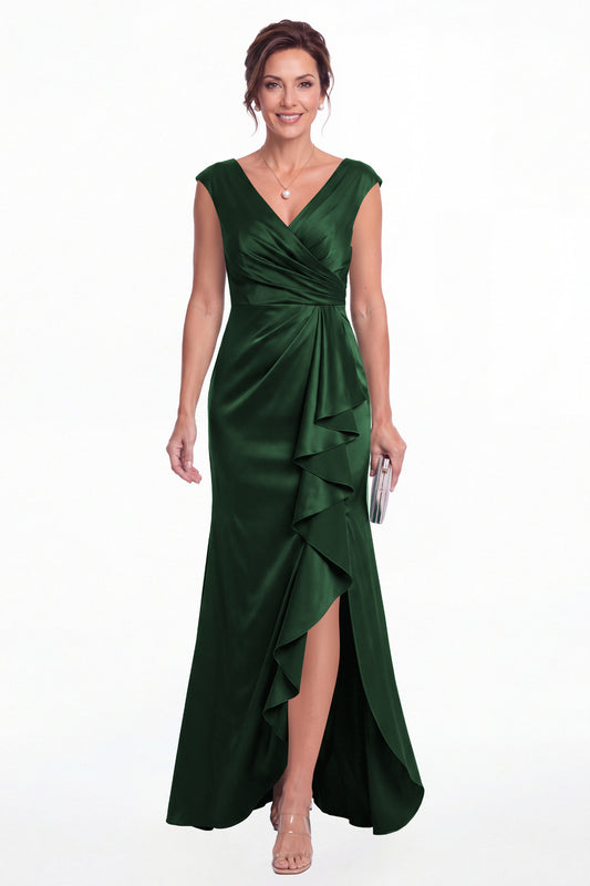 Emerald Green V Neck Ruched Satin Ruffle Slit Maxi Gown - Front View