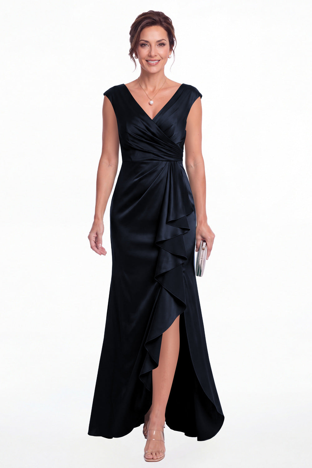 Navy Blue V Neck Ruched Satin Ruffle Slit Maxi Gown - Front View