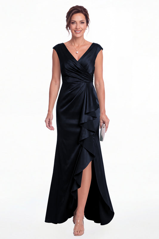 Navy Blue V Neck Ruched Satin Ruffle Slit Maxi Gown - Front View